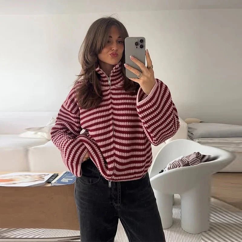 OLANE Striped Knit Zip Sweater RedSWomen's Sweaters & Cardigans