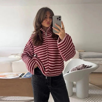 OLANE Striped Knit Zip Sweater RedSWomen's Sweaters & Cardigans