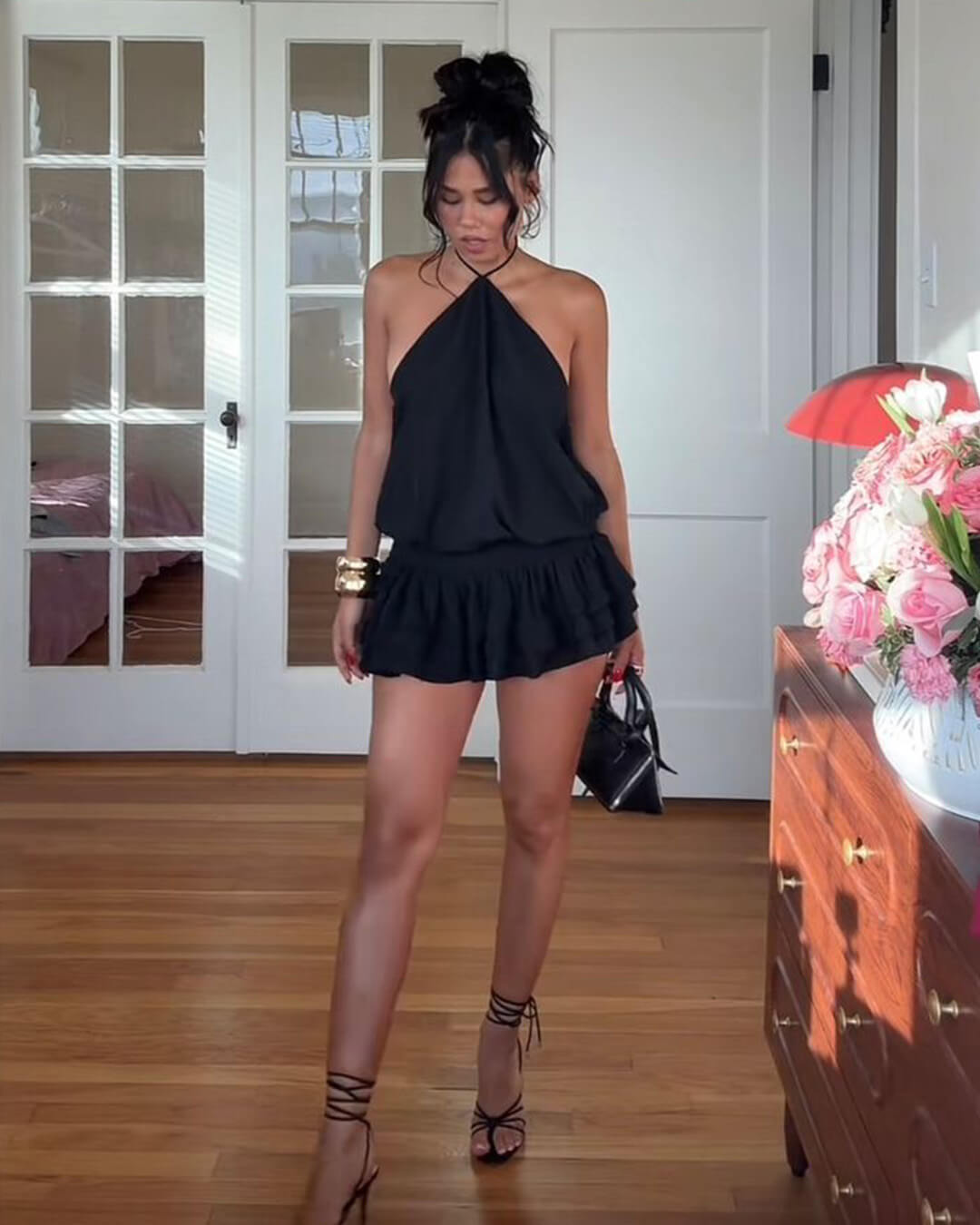OLANE Stunning Open-Back Halter Mini Dress BlackMWomen's Dresses