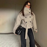 Stylish Belted Funnel Neck Coat