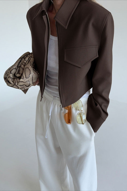 OLANE Stylish Brown Cropped Zip Jacket BrownSWomen's Coats & Jackets