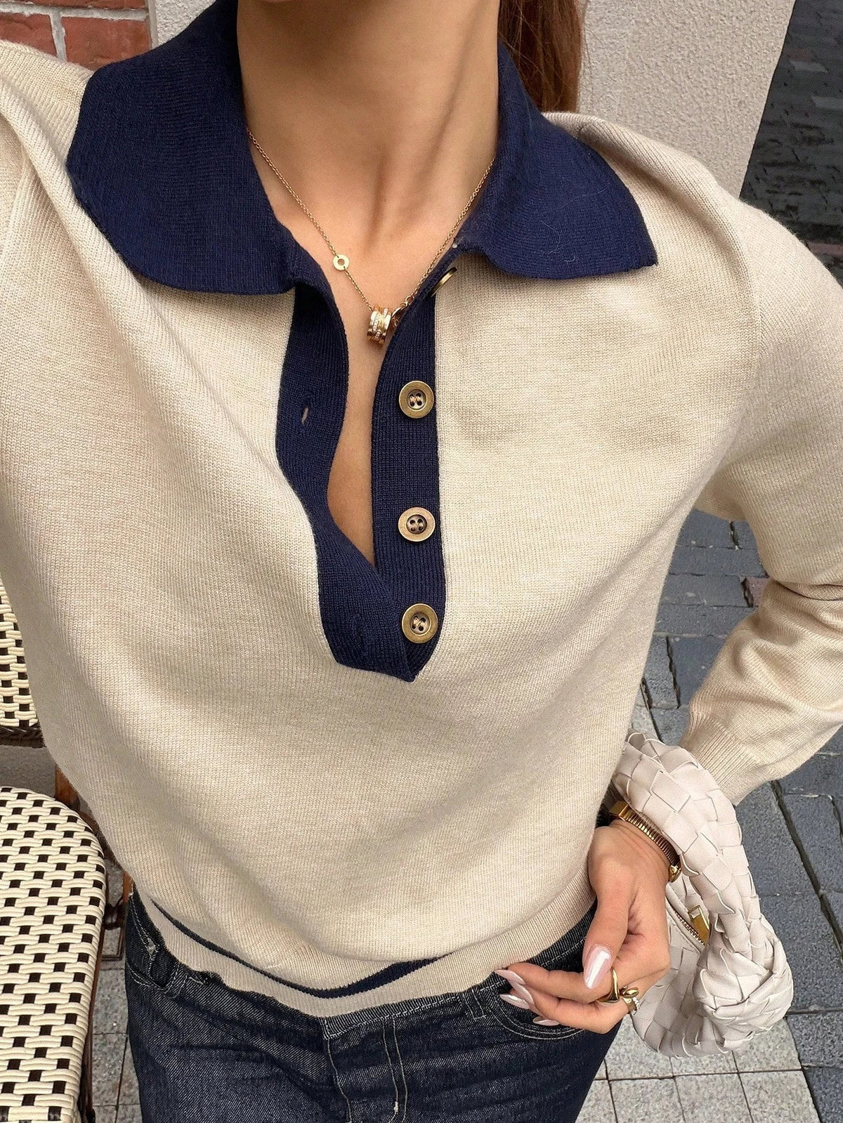 OLANE Stylish Contrast Knit Polo Sweater KhakiSWomen's Sweaters & Cardigans