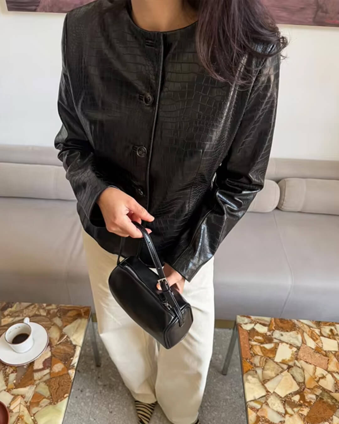 OLANE Stylish Croc Embossed Faux Leather Jacket BlackSWomen's Coats & Jackets