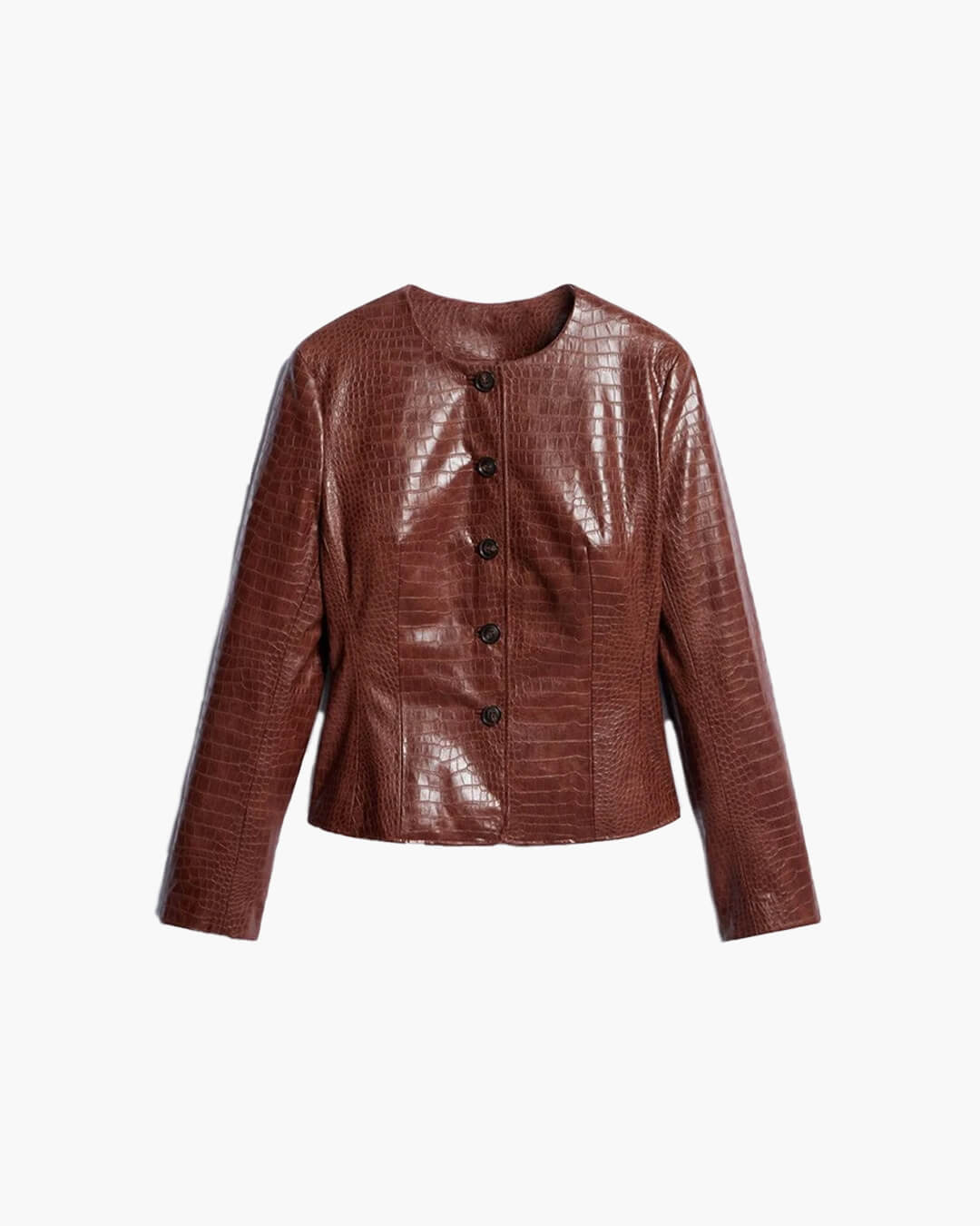 OLANE Stylish Croc Embossed Faux Leather Jacket BrownSWomen's Coats & Jackets