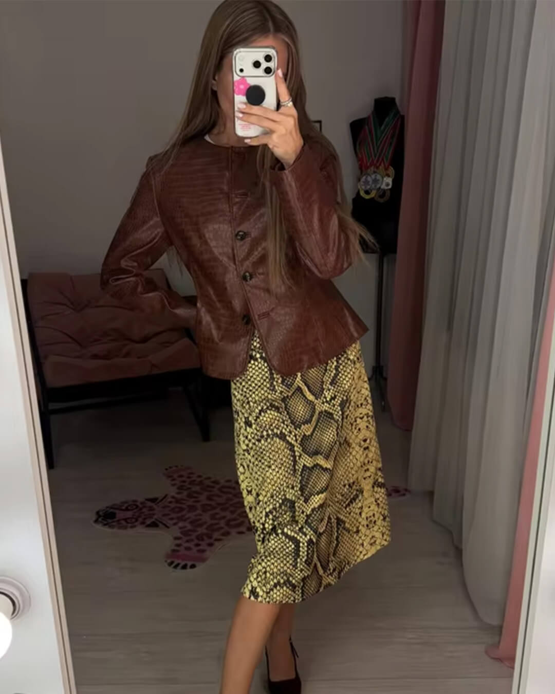 OLANE Stylish Croc Embossed Faux Leather Jacket BrownSWomen's Coats & Jackets