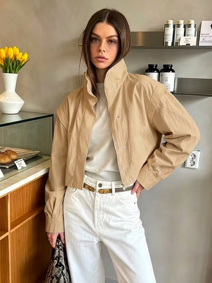 OLANE Stylish Cropped Windbreaker Jacket TanXSWomen's Coats & Jackets