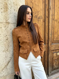 Stylish Faux Suede Button Cropped Coat