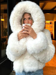 Stylish Fluffy Hooded Faux Fur Jacket