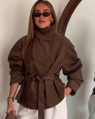 Stylish Funnel Faux Suede Trench Coat