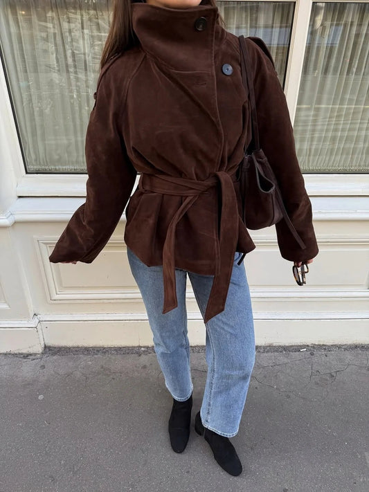 OLANE Stylish Funnel Faux Suede Trench Coat BrownSWomen's Coats & Jackets