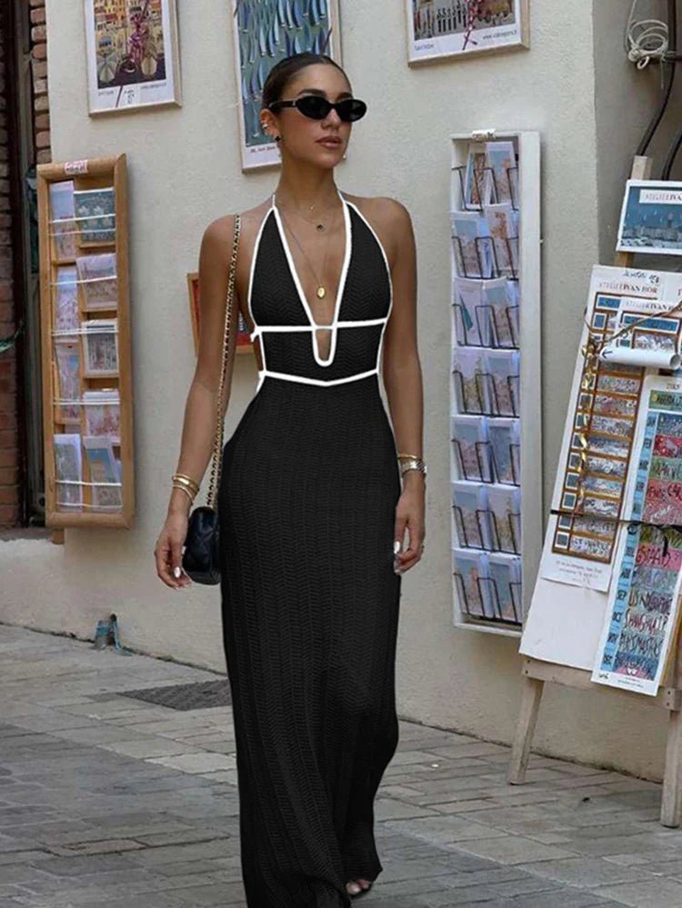 OLANE Stylish Lace Up Halter Maxi Dress BlackXSWomen’s Dresses