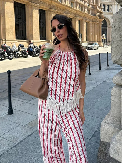 OLANE Stylish Striped Fringe Two-Piece Set MWomen's Sets