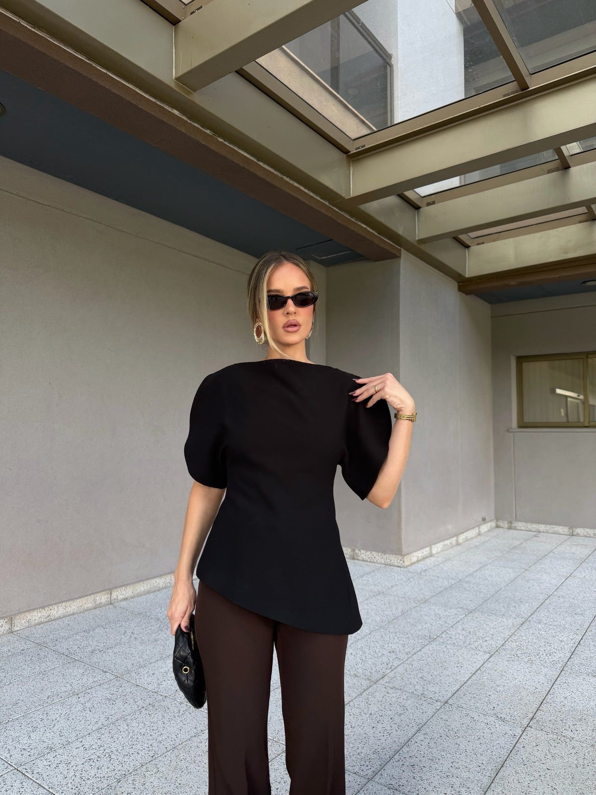 OLANE Stylish Tricot Balloon Sleeve Top BlackSWomen’s Tops