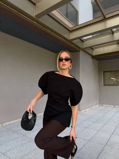 OLANE Stylish Tricot Balloon Sleeve Top BlackSWomen’s Tops
