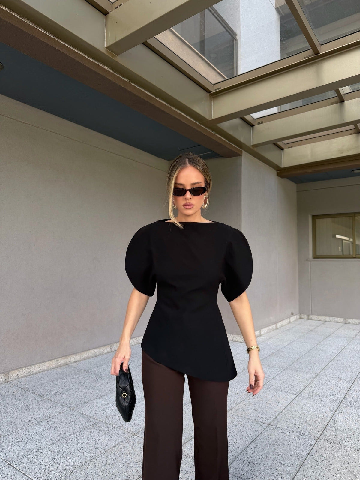 OLANE Stylish Tricot Balloon Sleeve Top BlackSWomen’s Tops