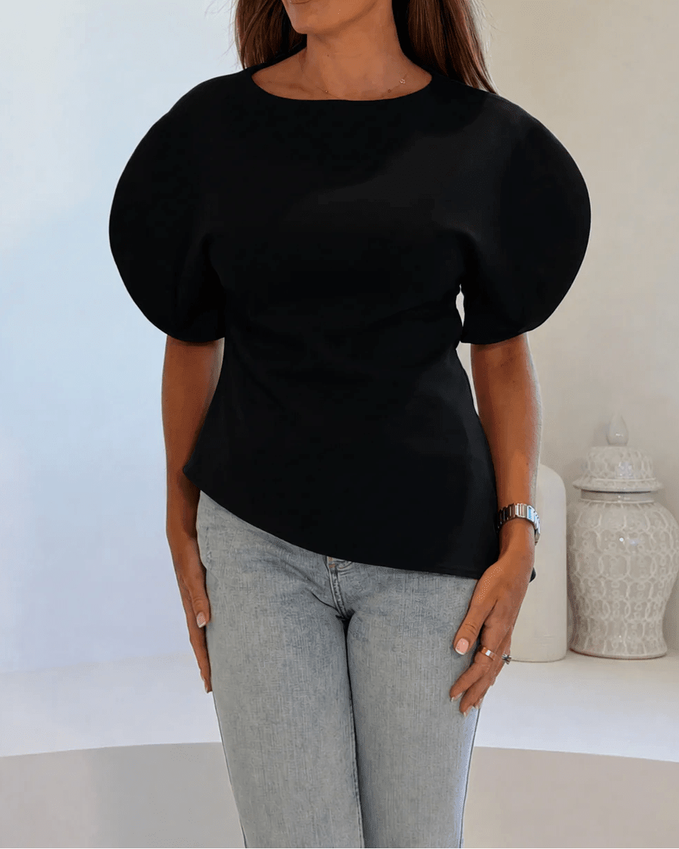 OLANE Stylish Tricot Balloon Sleeve Top BlackSWomen’s Tops