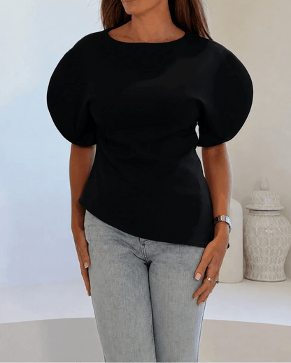 OLANE Stylish Tricot Balloon Sleeve Top BlackSWomen’s Tops