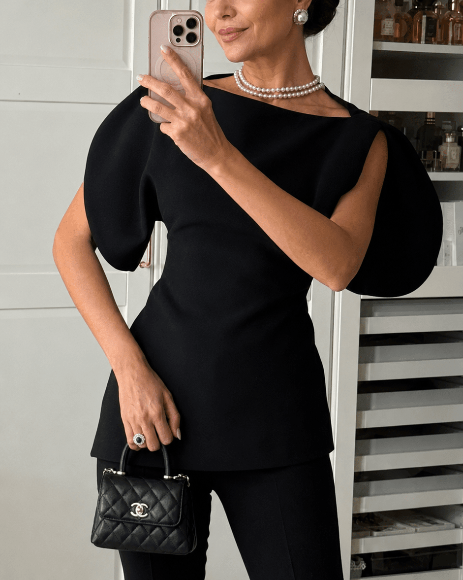 OLANE Stylish Tricot Balloon Sleeve Top BlackSWomen’s Tops