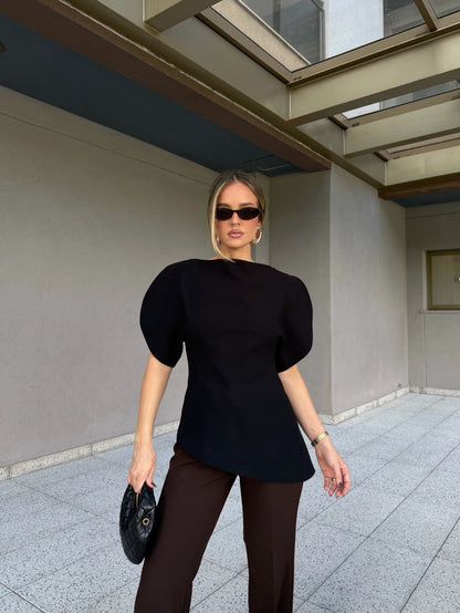 OLANE Stylish Tricot Balloon Sleeve Top BlackSWomen’s Tops