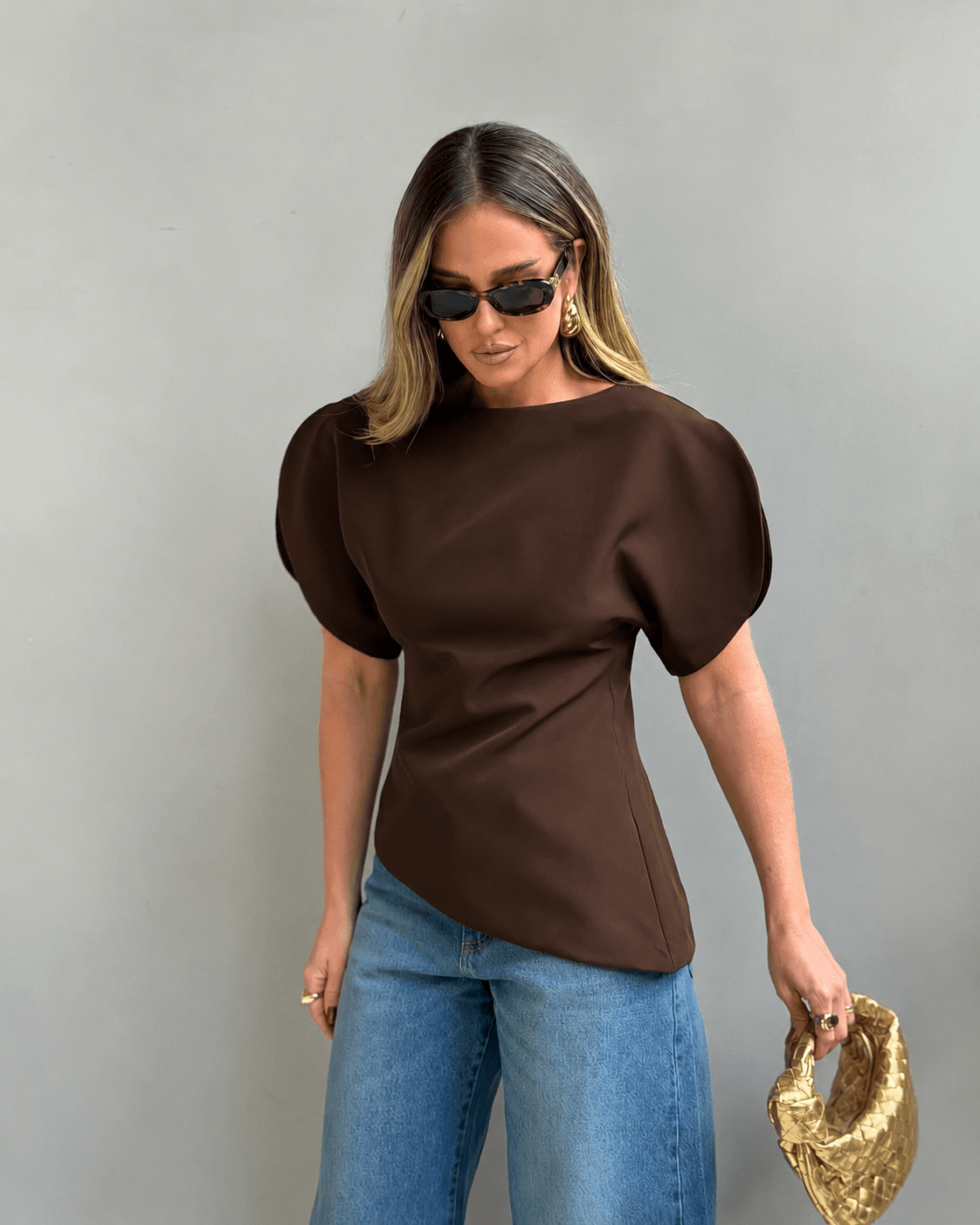 OLANE Stylish Tricot Balloon Sleeve Top BrownSWomen’s Tops