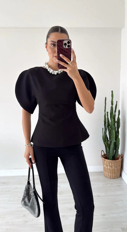 OLANE Stylish Tricot Balloon Sleeve Top Taupe BrownSWomen’s Tops