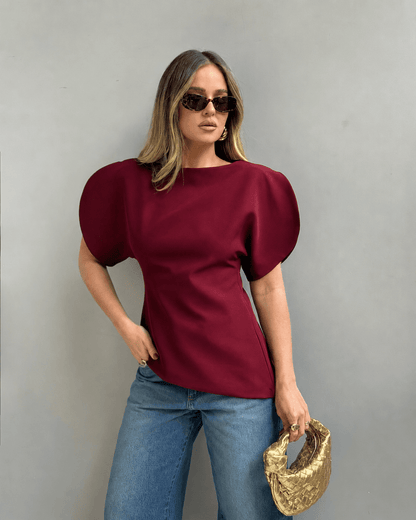 OLANE Stylish Tricot Balloon Sleeve Top Taupe BrownSWomen’s Tops