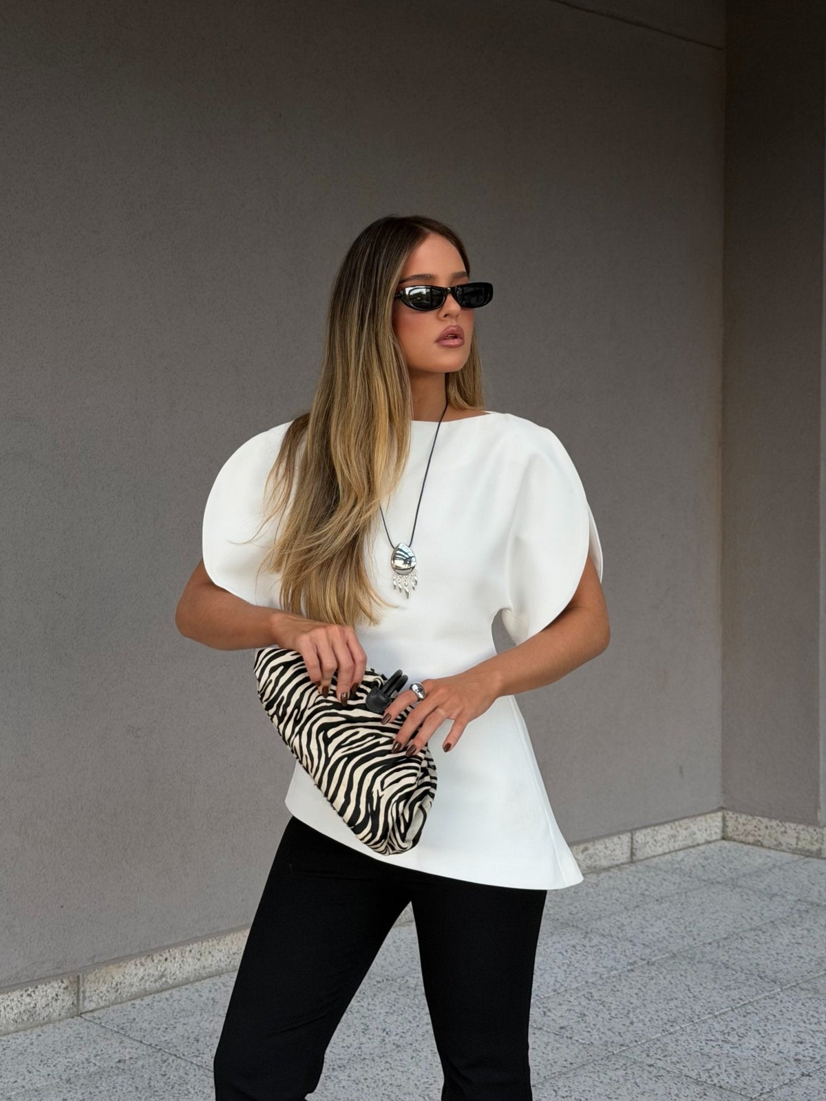 OLANE Stylish Tricot Balloon Sleeve Top WhiteLWomen’s Tops