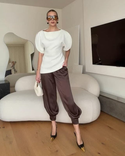 OLANE Stylish Tricot Balloon Sleeve Top WhiteLWomen’s Tops