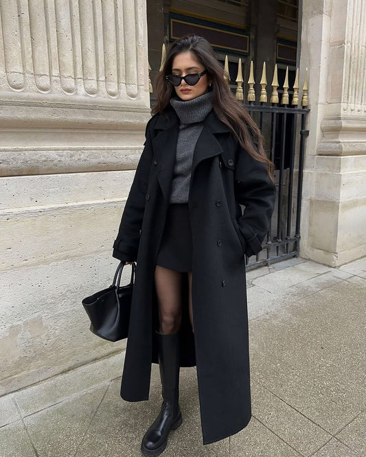 OLANE Stylish V-Neck Autumn Winter Coat BlackSWomen's Coats & Jackets