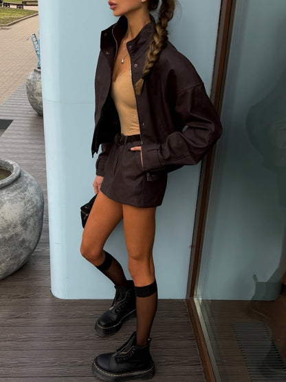 OLANE Suede Cropped Coat Mini Skirt Set Cropped Coat & Mini Skirt SetBeigeSWomen's Sets