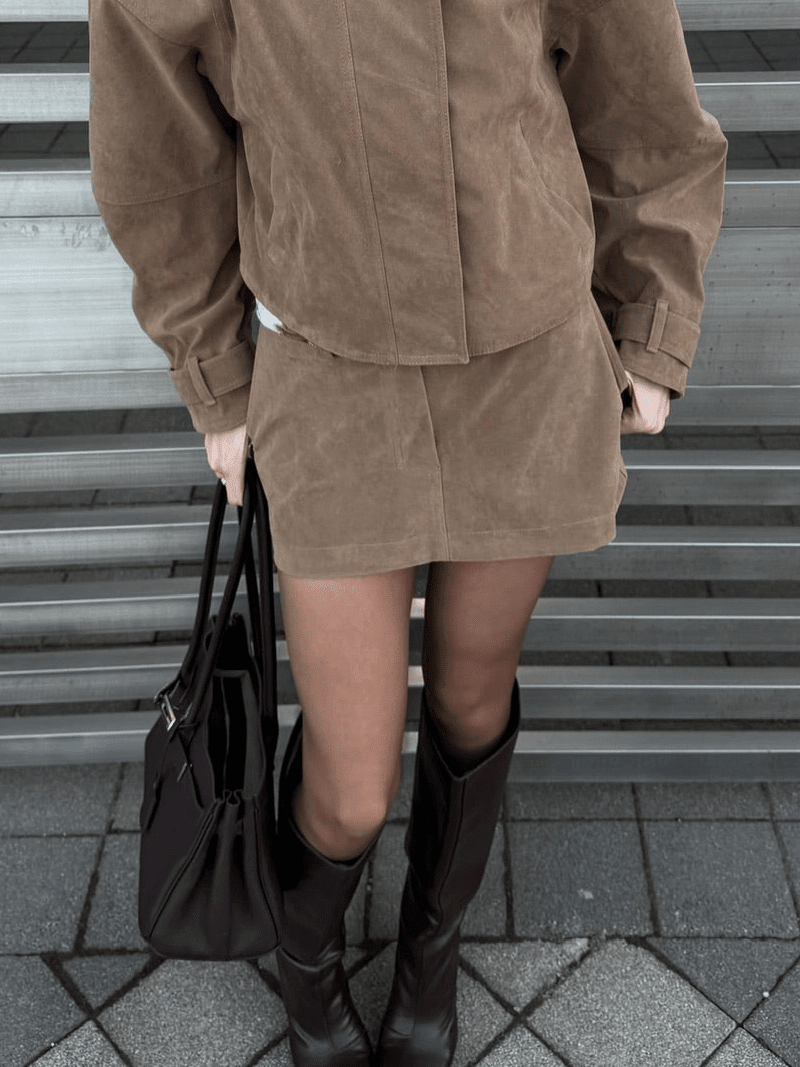 OLANE Suede Cropped Coat Mini Skirt Set Cropped Coat & Mini Skirt SetBeigeSWomen's Sets