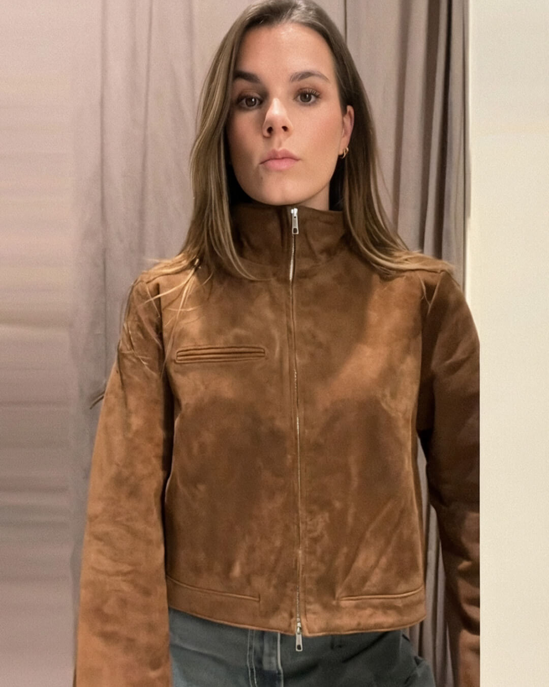 OLANE Suede Stand Collar Zipper Jacket BrownMWomen's Coats & Jackets