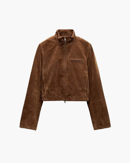 OLANE Suede Stand Collar Zipper Jacket KhakiSWomen's Coats & Jackets