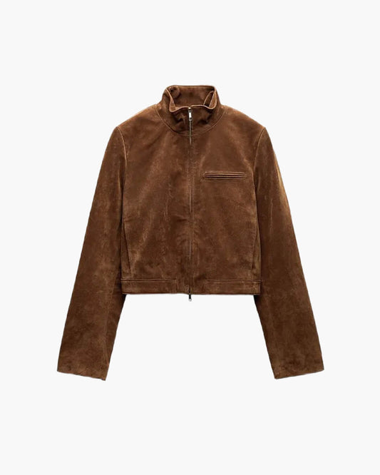 OLANE Suede Stand Collar Zipper Jacket KhakiSWomen's Coats & Jackets