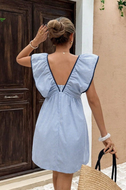 OLANE Tahlia Striped V - Neck Ruffle Mini Dress BlueSDress