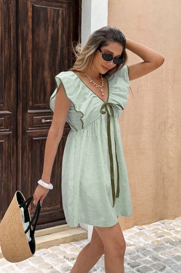 OLANE Tahlia Striped V - Neck Ruffle Mini Dress GreenSDress