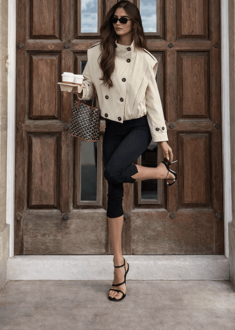 OLANE Tailored Pleated High Collar Trench Coat BeigeSCoat