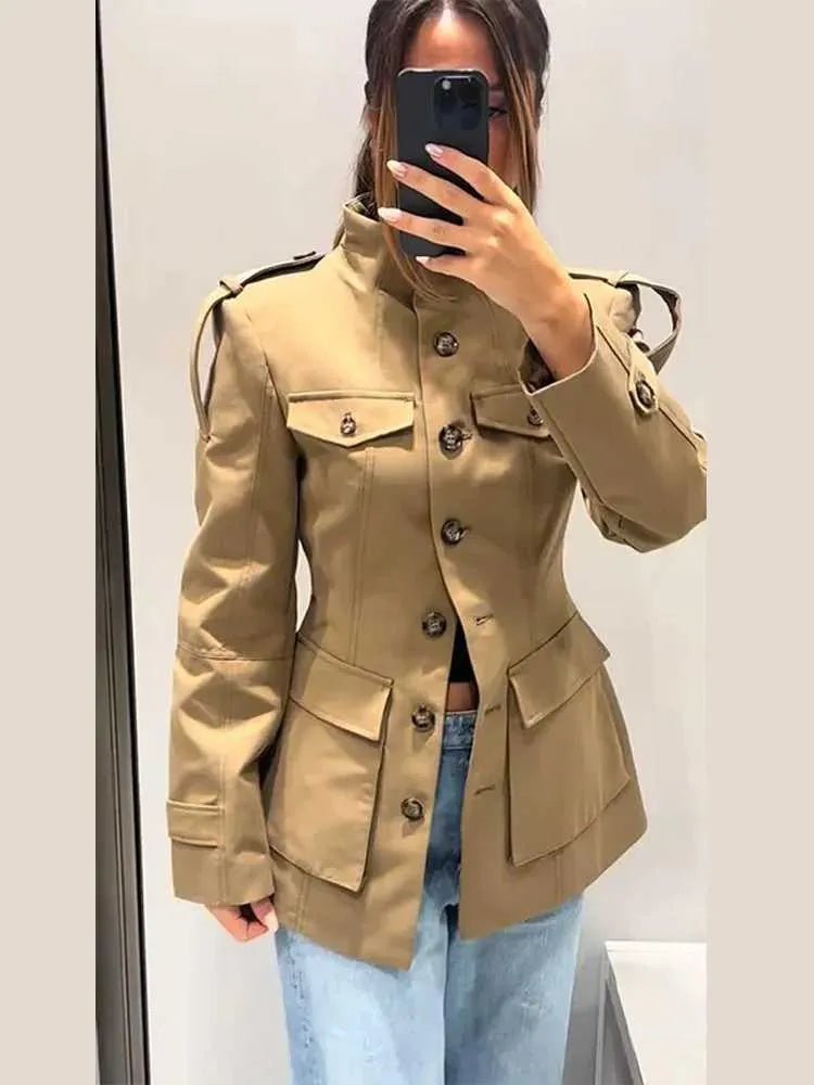 OLANE Tailored Stand Collar Utility Jacket BeigeMJacket