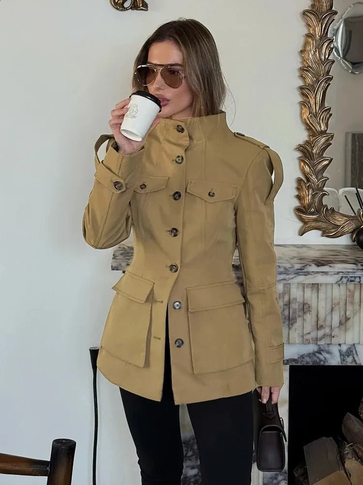 OLANE Tailored Stand Collar Utility Jacket BeigeXSJacket