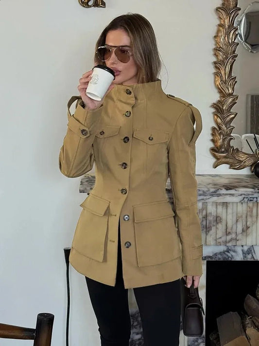 OLANE Tailored Stand Collar Utility Jacket BeigeXSJacket