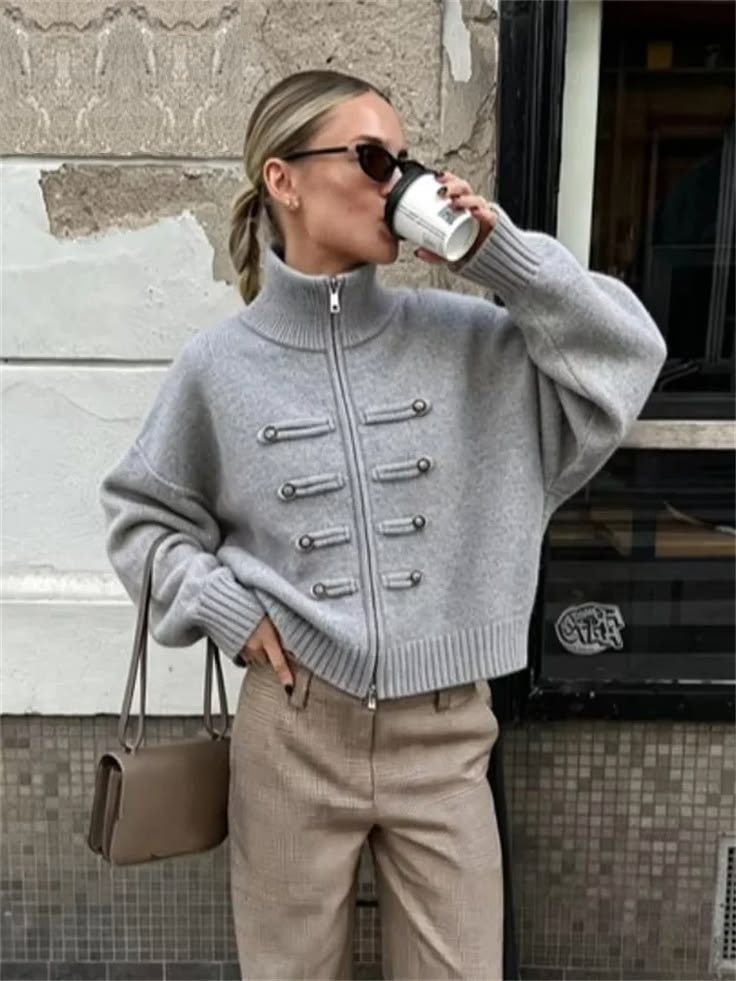 OLANE Turtleneck Zip Knit Cardigan GreyOne sizeWomen's Sweaters & Cardigans
