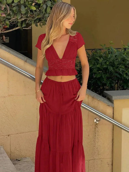 OLANE Ella Lace Crop Top Chiffon Two-Piece Set GreenXSWomen's Sets