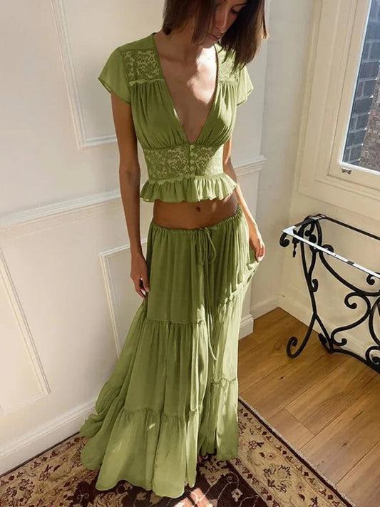 OLANE V-Neck Lace Crop Top Chiffon Two-Piece Set GreenXSWomen's Sets