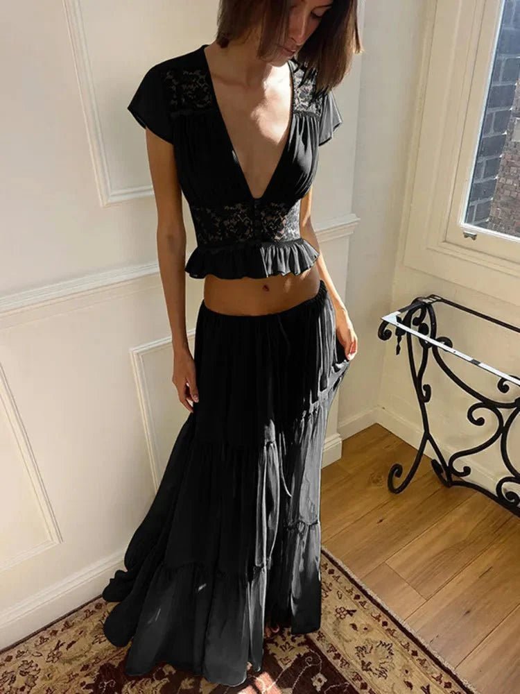 OLANE V-Neck Lace Crop Top Chiffon Two-Piece Set GreenXSWomen's Sets