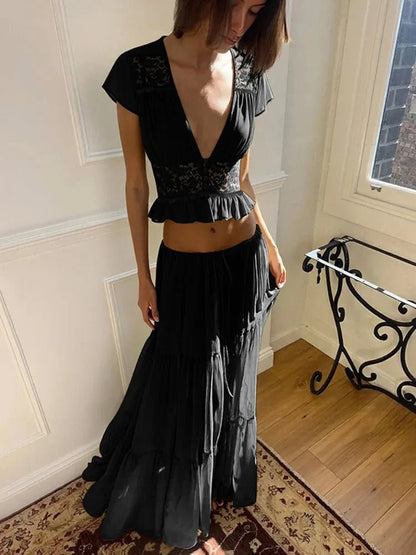 OLANE V-Neck Lace Crop Top Chiffon Two-Piece Set GreenXSWomen's Sets