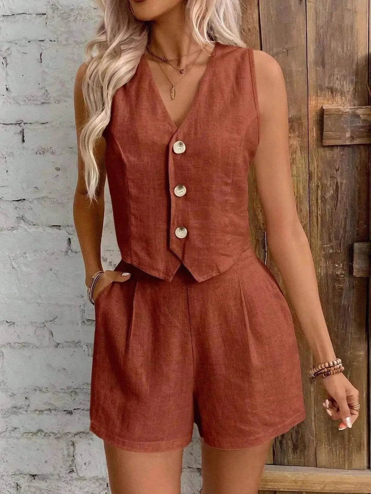 OLANE Vest Cotton Linen Two-Piece Set BeigeSWomen's Sets