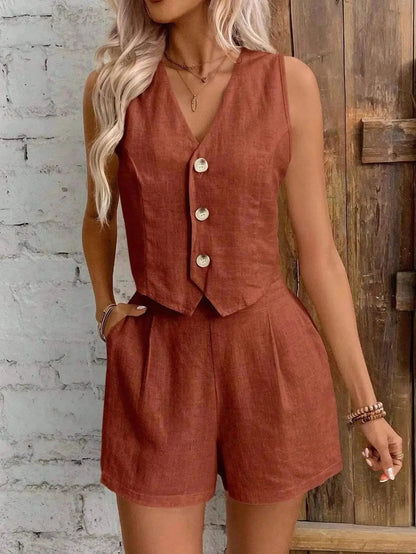 OLANE Vest Cotton Linen Two-Piece Set BeigeSWomen's Sets