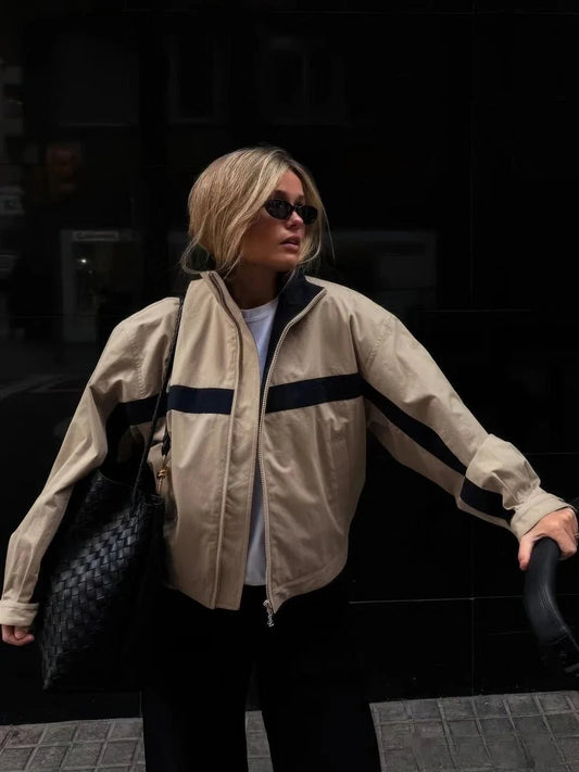 OLANE Vintage Colorblock Bomber Jacket SWomen's Coats & Jackets