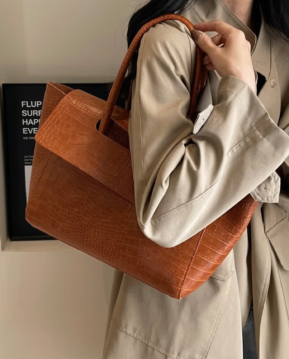 OLANE Vintage Embossed Leather Tote BrownBag