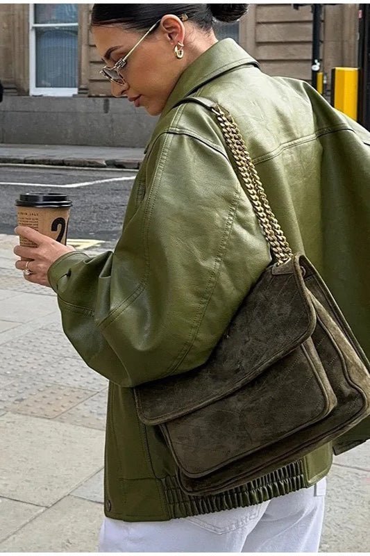 OLANE Vintage Green Faux Leather Jacket GreenSWomen's Coats & Jackets